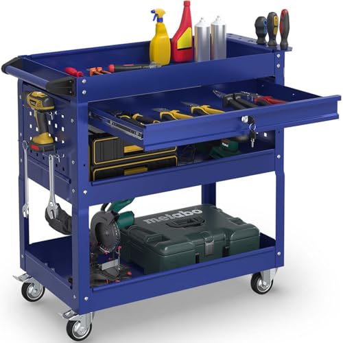 3-Tier Rolling Utility Cart, Metal Tool Cart on Wheels with Lockable-Blue | 330 lb. Load Capability Heavy Duty Tool Cart with Drawers, Mechanic Tool Cart for Garage, Warehouse, Repair Shop - color: Blue