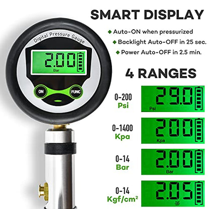 Presta Valve Air Chuck, Digital Bike Tire Inflator Gauge for Air Compressor | A bike compressor attachment for Presta & Schrader valves, tubeless setups and quick inflation with spare cores and caps.