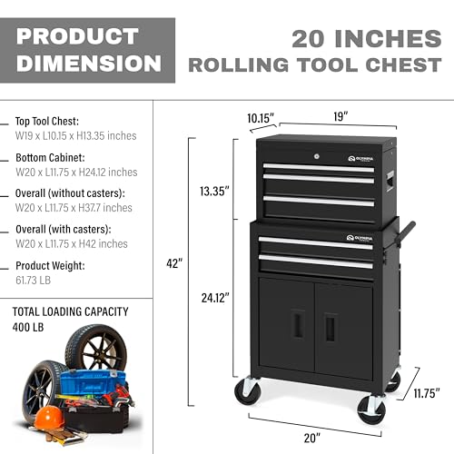 Olympia Tools 20-Inch Rolling Tool Cabinet Organizer, Heavy-Duty 5-Drawer Metal Tool Chest with Wheels and Locking Storage for Garage and Workshop, Black - size: 20IN Combo