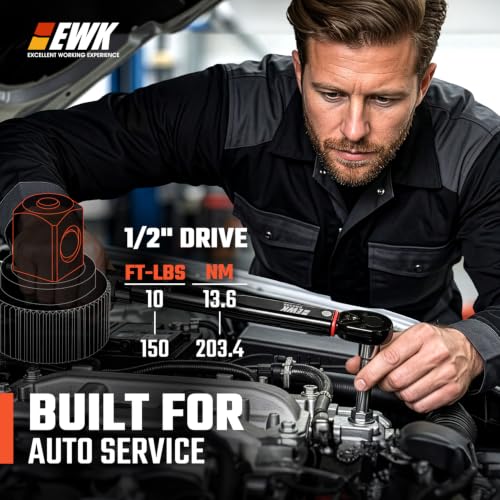 EWK 1/2" Drive Click Torque Wrench 10-150 ft-lbs (13.6-203.4 Nm) | ±4% Accuracy, Direct Spec Reading, 150% reinforced thick-wall, Factory Calibrated
