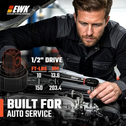 EWK 1/2" Drive Click Torque Wrench 10-150 ft-lbs (13.6-203.4 Nm) | ±4% Accuracy, Direct Spec Reading, 150% reinforced thick-wall, Factory Calibrated