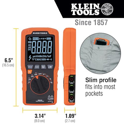 Klein Tools MM450 Slim Digital Multimeter, Reverse Contrast Display with Lead Alert, Auto-Ranging TRMS, 600V AC/DC Voltage, Current, Resistance, Temp, Frequency, Continuity - size: Slim Meter
