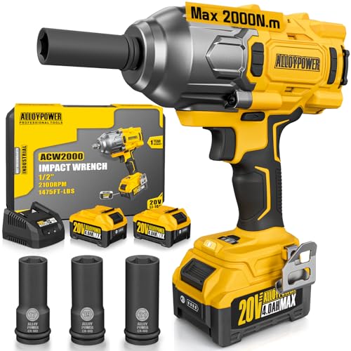 ALLOYPOWER Cordless Brushless Impact Wrench, 1475 ft-lbs (2000N.m), 1/2 High Torque power impact gun, 3-Mode Speed, 2*4000mAh Battery, 3 Sockets, Electric Impact Wrench Set for Car Tire Truck RV Mower - style: 1475Ft-lbs /2x Battery