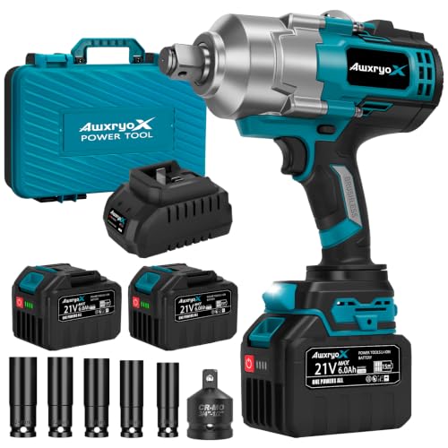 AwxryoX 21V Cordless Impact Wrench,1623Ft-lbs(2200N.m) High Torque Brushless Impact Gun with 2×6.0Ah Battery,3/4" 4 Speed Electric Pistola De Impacto with 1/2 Adapter for Truck/Mower/Car/Industrial