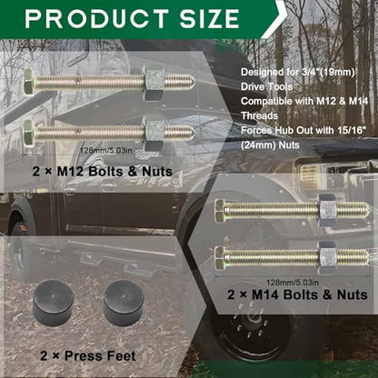 78834 Impact Rated Wheel Hub Removal Tool Bolt & Nuts Kit for All Automotive Wheels with 2 Press Feet, 2 M12 & 2 M14 Bolts and Nuts