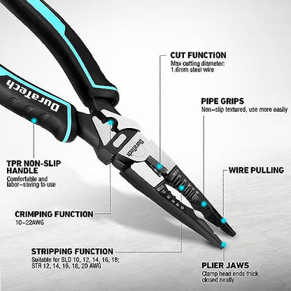 DURATECH 6-in-1 Needle Nose Pliers, 8.5" Multipurpose Long Nose Pliers with Wire Stripper/Crimper/Cutter Function, Heavy Duty Multifunctional Electrician Pliers for Crimping, Stripping, Shearing