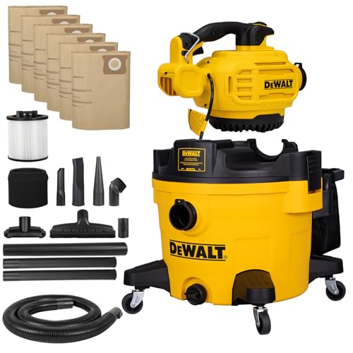 DEWALT Shop Vacuum Wet and Dry 9 Gallon 5 HP with Detachable Blower | Full Accessory Kit & Storage Bag, ideal for Garage Workshop Lawn Yard Patio & Outdoor Leaves Cleaning, DXV209PC - size: 9 Gallon + 6 Dust Bags