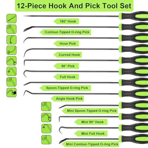 Doaho 12PCS Automotive Hook and Pick Tool Set,Long & Mini Precision Puller Remover Tool Kit for Auto O-Ring,Seal & Gasket Removal,Mechanic Professional Tools,Car Repair Essentials - color: Green-12 Pcs Hook and Pick Tool Set