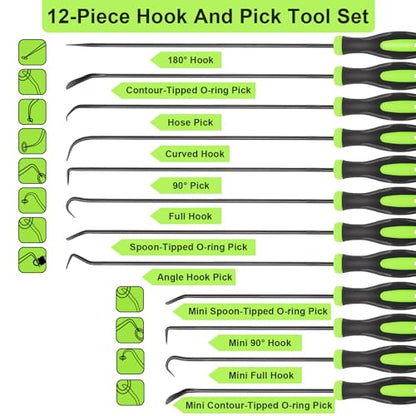 Doaho 12PCS Automotive Hook and Pick Tool Set,Long & Mini Precision Puller Remover Tool Kit for Auto O-Ring,Seal & Gasket Removal,Mechanic Professional Tools,Car Repair Essentials - color: Green-12 Pcs Hook and Pick Tool Set