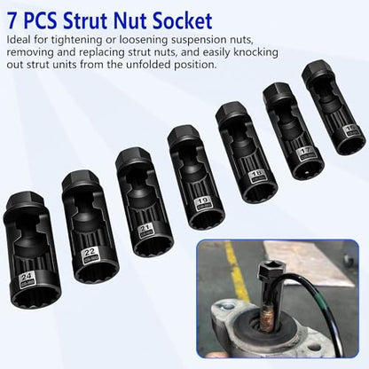 11Pcs Strut Nut Socket 16mm 17mm 18mm 19mm 21mm 22mm 24mm with Suspension Strut Knuckle Spreader 5.0 – 10.5 mm Tool with12 Point 1/2" Drive Suspension Strut Spreader Socket, Shock Absorber Tool - size: 11 Pcs