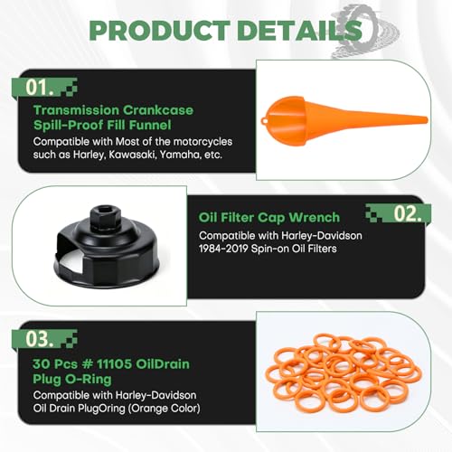 Oil Change Kit Compatible with Harley, Motorcycle Oil Change Funnel | with Filter Cap Wrench, Crankcase Fill Tool, Primary Case Oil Funnel, Drip-Free Filter Tool & 30Pcs 11105 O-Rings