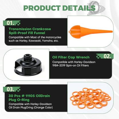Oil Change Kit Compatible with Harley, Motorcycle Oil Change Funnel | with Filter Cap Wrench, Crankcase Fill Tool, Primary Case Oil Funnel, Drip-Free Filter Tool & 30Pcs 11105 O-Rings