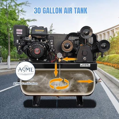 13HP Gas Powered Air Compressor, 3-Cylinder, 30 Gallon Horizontal Tank, Piston Pump Air Compressed System (125 PSI @ 44 CFM) - color: 13hp/125psi/44cfm/30gal