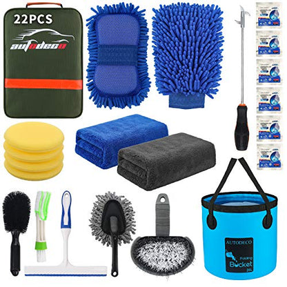 22Pcs Car Wash Cleaning Tools Kit Car Detailing Set with Olive Green Canvas Bag Collapsible Bucket Wash Mitt Sponge Towels Tire Brush Window Scraper Duster Complete Interior Car Care Kit