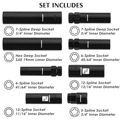 MIXPOWER 8PCS Spline Socket Set,SAE & Metric Lug Nut Key Set for Easy Removal of Locking Lug Nuts on Aftermarket 5, 6, 7, 12 Spline and Hex Style - size: 8PCS