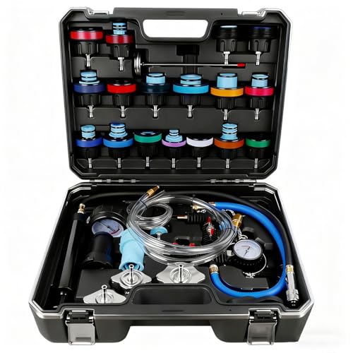32pcs Universal Radiator Pressure Tester Kit, Tester Pneumatic Vacuum Cooling System Purge Refill Leak/Refiller Set, Universal Automotive Domestic/Import Vehicles, Motorcycle - size: 32PC