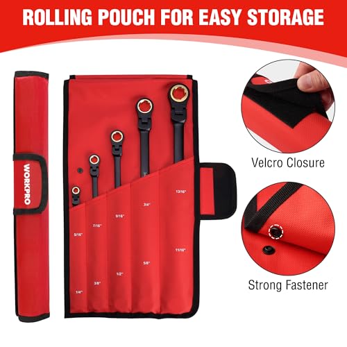 WORKPRO Extra Long Flex-Head Ratcheting Wrench Set, 5-piece Anti-Slip Double Box Wrenches Set, SAE 1/4-13/16 mm, 72-Teeth, Cr-V Steel and Black Electrophoretic Coating Wrenches with Rolling Pouch - size: SAE