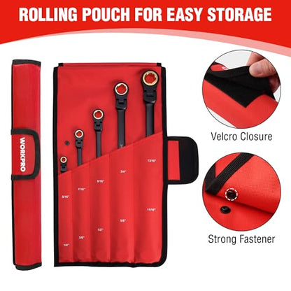 WORKPRO Extra Long Flex-Head Ratcheting Wrench Set, 5-piece Anti-Slip Double Box Wrenches Set, SAE 1/4-13/16 mm, 72-Teeth, Cr-V Steel and Black Electrophoretic Coating Wrenches with Rolling Pouch - size: SAE