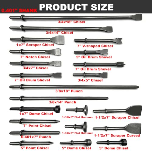 22 Pack Air Hammer Bits Attachments,0.401" Shank Chisel & Punch Bit Set,Cr-Mo Alloy Steel Punch (22 Pack Air Hammer Bits Set) - size: 22 Pack Air Hammer Chisel & Punch Bit Assortment