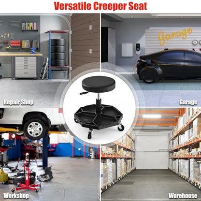 S AFSTAR Garage Shop Roller Seats, Adjustable Pneumatic Rolling Creeper Stool W/Tool Storage Tray & 4 Universal Wheels, Padded Mechanic Stool Repair Shop Stool Garage Rolling Stool (Black - color: Black