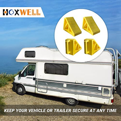 HOXWELL Wheel Chocks Premium, Heavy Duty Camper Vehicle Wedge Design with Black Rubber Bottom Chocks for Travel Trailers, Truck, Car, RV Yellow 4 Pcs - color: Yellow 4 pack