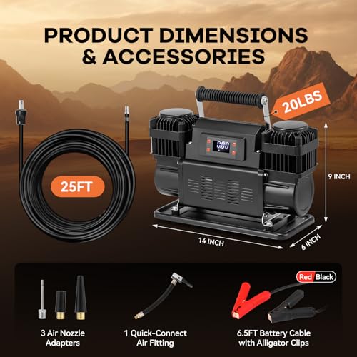 Dual Cylinder 12V Air Compressor 150 PSI 300 LPM – LCD Digital Display with Preset Pressure Heavy Duty Portable Tire Inflator for Truck SUV Off Road Jeep 1200W Fast Inflation No Overheating