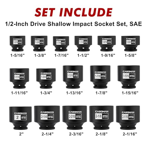 CASOMAN 16PCS 1/2" Drive Shallow Spindle Axle Nut Impact Socket Set, 6-Point, Large Socket Set, SAE(1-5/16" to 2-1/4"), CR-MO