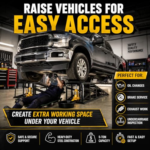 Car Ramps 2 Pack, Heavy Duty Steel Hydraulic High Lift Service Vehicle Ramps with Pedal, 5 Ton Low Profile Hydraulic Car Ramps with Support Jack for DIY Auto Beauty,Black - color: Black