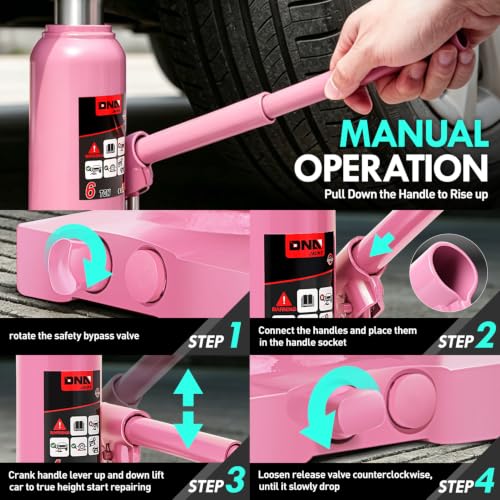 DNA Motoring 6 Tons / 12000 lbs Lifting Automotive Welded Hydraulic Bottle Jack for Car SUV Pickup Truck, Auto Repair, with Manual Handle & Carrying Storage Case, Pink - color: Pink, style: 6 ton