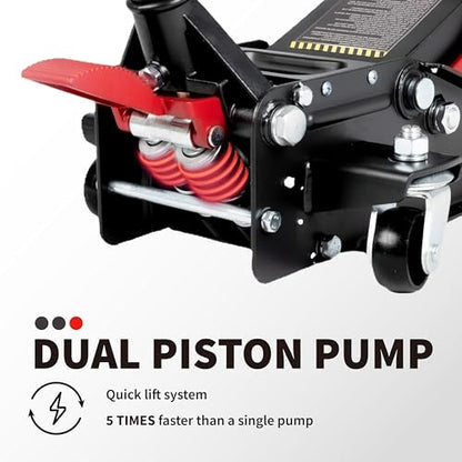 Maxority 3-Ton (6600lbs) Low-Profile Dual Pistons Heavy-Duty Steel Racing Floor Jack with Quick Lift Hydraulic Pump, Foot Pedal and Magentic Pad for Car Maintenance (Red, 3 Ton Low Profile)
