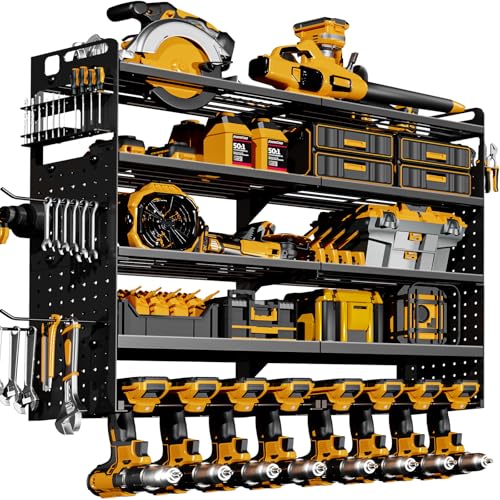 Large 5-Tier Power Tool Organizer Wall Mount, 320lbs Load Capacity Garage Storage Rack with 8 Drill Holders, 34" Heavy Duty Metal Utility Shelf, Holds Over 30 Tools for Garage Workshop