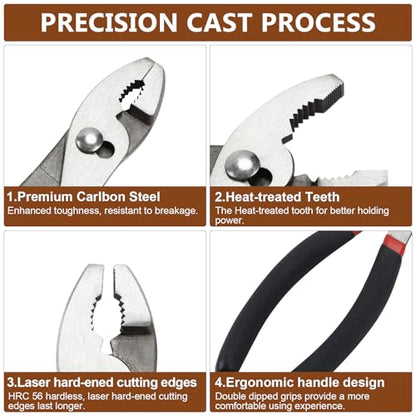 4 Pack Precision Basics Pliers Set-8'' Slip Joint, Long Needle Nose Pliers, Lineman, And 7''Diagonal Pliers for DIY, Construction, Machinery, Home Maintenance and Garden Projects
