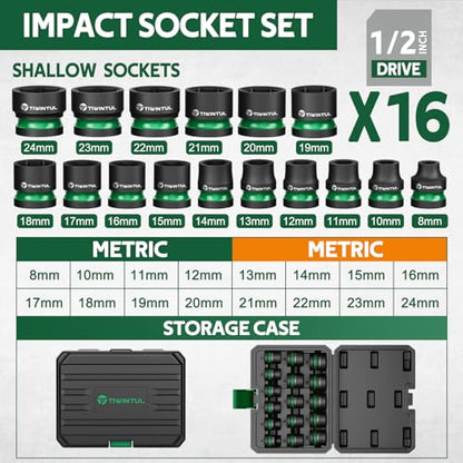 1/2" Drive Shallow Impact Socket Set, 8-24mm, Metric, CR-MO, | 6-Point, 16 Pieces Stubby Socket Set for Automotive Maintenance, Repairs and DIY Projects - size: 16pcs-1/2"