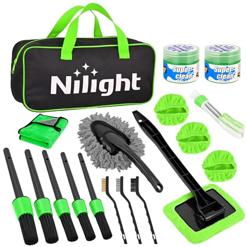 Nilight 15PCS Car Detailing Kit Auto Cleaning Tools Wash Set with Storage Carry Bag Beginners Easy to Use for Interior Exterior Car Care Clean Windshield Dashboard Seat Air Vents Wheels Tires, Green - color: 15PCS Set, Green