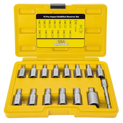 15 PCS Screw Extractor Set with 3/8" Inch Drive, Hex Head Multi-Spline Easy Out Allen Screw Extractor Kit Stripped Bolt Removal Tool for Removing Broken Rounded Rusted Bolts Screws Nuts(Yellow)