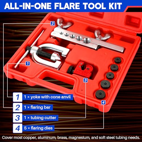 DASBET Double and Single Brake Line Flaring Tool Kit with Tubing Cutter, Brake Line Repair Kit for Copper, Aluminum, Brass, Magnesium, Soft Steel, Flare Tool kit Includes 5 Adapters, 45 Degrees