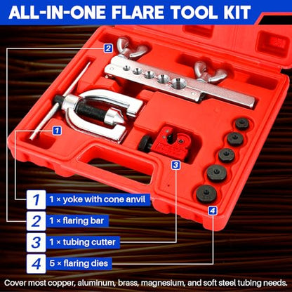 DASBET Double and Single Brake Line Flaring Tool Kit with Tubing Cutter, Brake Line Repair Kit for Copper, Aluminum, Brass, Magnesium, Soft Steel, Flare Tool kit Includes 5 Adapters, 45 Degrees