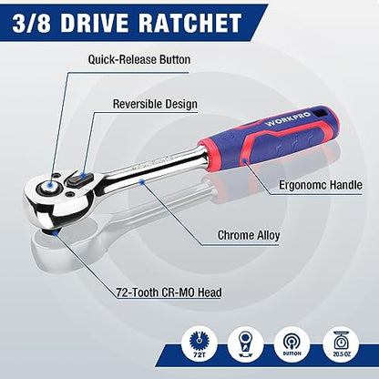 WORKPRO 32-Piece 3/8-inch Drive Metric Sockets and Ratchet | 30 Metric Deep and Shallow Sockets, 6-20mm with Magnetic Organizer, 72-Tooth Quick Release Reversible Ratchet, Auto Repair