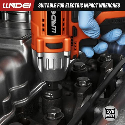 LLNDEI 3/8" Drive Stubby Impact Socket Set Metric 6-19mm, 19-Piece Cr-Mo Nano Socket Set with 2 Extension Bars (6" & 15"), Universal Joint & Ratchet Wrench for Tight Space Access
