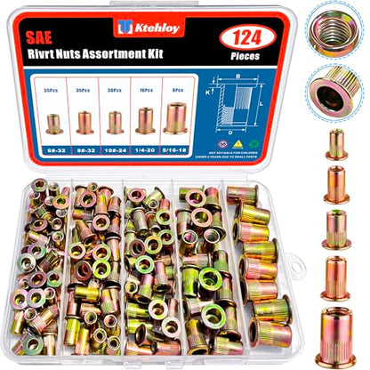 124Pcs SAE UNC Rivet Nut Assortment Kit, Zinc Plated Carbon Steel Rivnut Threaded Inserts Assortment Set Nutserts, Sizes 6-32 8-32 10-24 1/4"-20 5/16"-18 - size: SAE Kit - 124 Pcs