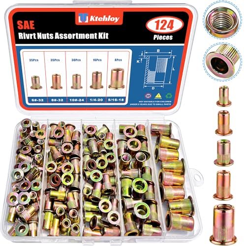 124Pcs SAE UNC Rivet Nut Assortment Kit, Zinc Plated Carbon Steel Rivnut Threaded Inserts Assortment Set Nutserts, Sizes 6-32 8-32 10-24 1/4"-20 5/16"-18 - size: SAE Kit - 124 Pcs