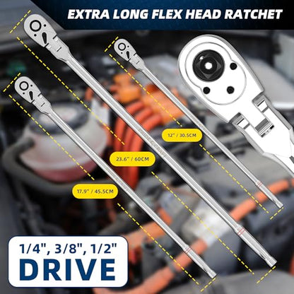 PRIDE&CRAFT 3PC Drive Extra Long Flex Head Ratchet 72-Tooth, Socket Wrench Quick Release Reversible Design, Swivel Head Ratchet, Chrome Alloy Made, EVA Organizer - style: 3PC Extra Long