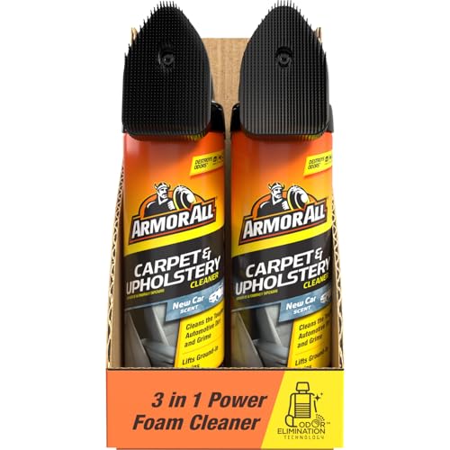 Armor All Carpet and Upholstery Cleaner Spray for Tough Stains, 22 Fl Oz | Includes removable scrub brush and New Car Scent; helps eliminate pet, food and smoke odors in car interiors