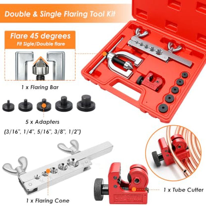 3/16Inch + 1/4 Inch Brake Line Repair Kit, 2 Set 25FT 3/16 1/4 Brake Line with 102Pcs Fittings (Includes 8 Unions) and Double & Single Brake Line Flaring Tool Kit & Brake Line Bender(Gold) - size: 3/16 + 1/4 Inch Gold, style: Brake Line Kit & Tube Bender