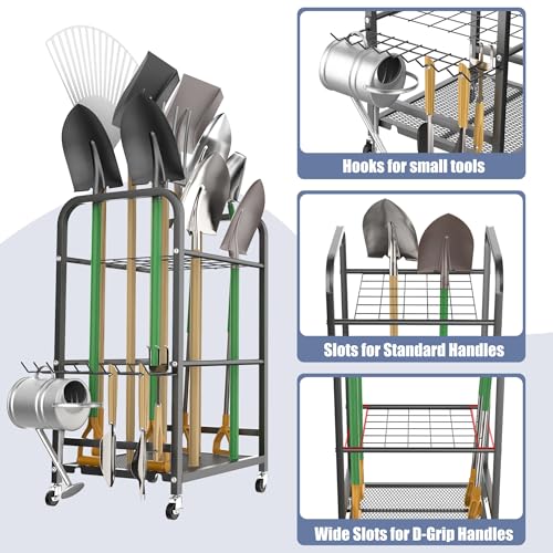 WALMANN Garden Tool Organizer with Wheels for Garage, Rakes/Shovels/Yard Tools Stand for Garden, Shed, Indoor/Outdoor Long-Handled Tools Rolling Cart(Small) - style: Small-stand