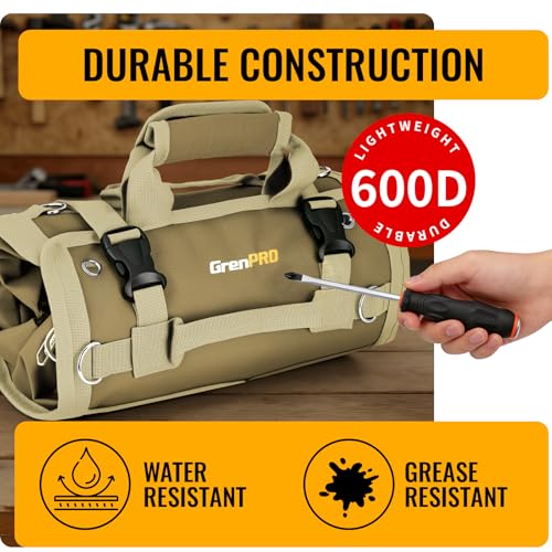 GrenPRO Roll Up Tool Bag, Tool Roll Up Bag with Detachable Tool Pouches, Soft Rollable Tool Pouch, Tool Organizer for Electricians, DIY, Valentines Day Gifts for Him Dad Men Mechanic Welding, Khaki - color: Khaki