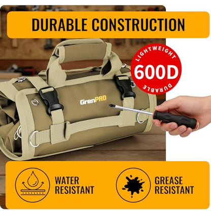 GrenPRO Roll Up Tool Bag, Tool Roll Up Bag with Detachable Tool Pouches, Soft Rollable Tool Pouch, Tool Organizer for Electricians, DIY, Valentines Day Gifts for Him Dad Men Mechanic Welding, Khaki - color: Khaki