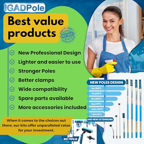 IGADPole 20 FT Water-Fed Washing Kit with Soap-Dispenser, Brush, 10″ Squeegee & Cobweb Duster for Windows, Gutters, Solar Panels & Exterior Walls - size: 20 ft Pole
