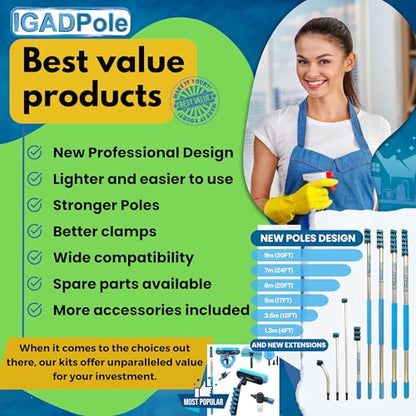 IGADPole 24 FT Water-Fed Washing Kit with Soap-Dispenser, Brush, 10″ Squeegee & Cobweb Duster for Windows, Gutters, Solar Panels & Exterior Walls - size: 24 ft Pole