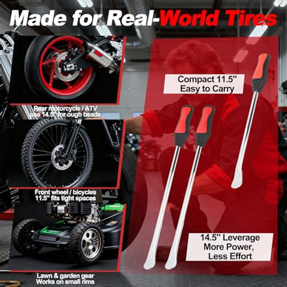 38PCS Tire Spoons Tool Set, Premium Tire Irons Tire Changing Kit with 14.5" & 11.5" Levers for Motorcycle, Dirt Bike & Lawn Mower, including Rim Protectors, Valve Tools & Accessories - size: 2 × 14.5" + 1 × 11.5"